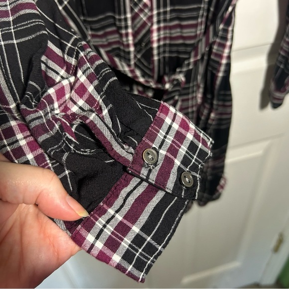 Bass Women’s plaid button up belted Shirt Dress Size Medium Black White Burgundy - Picture 5 of 10